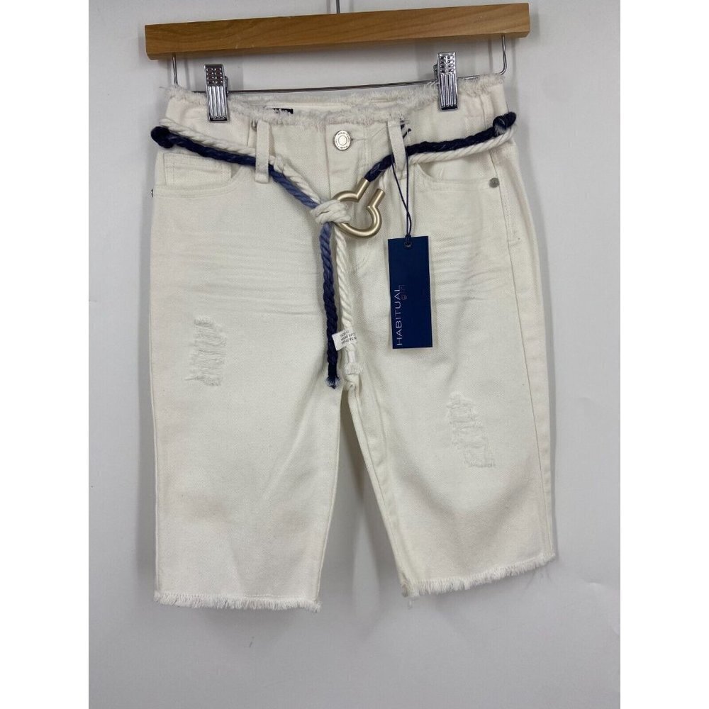Habitual Girls White Raw Hem Bermuda Denim Shorts Belted Size 10 NWT